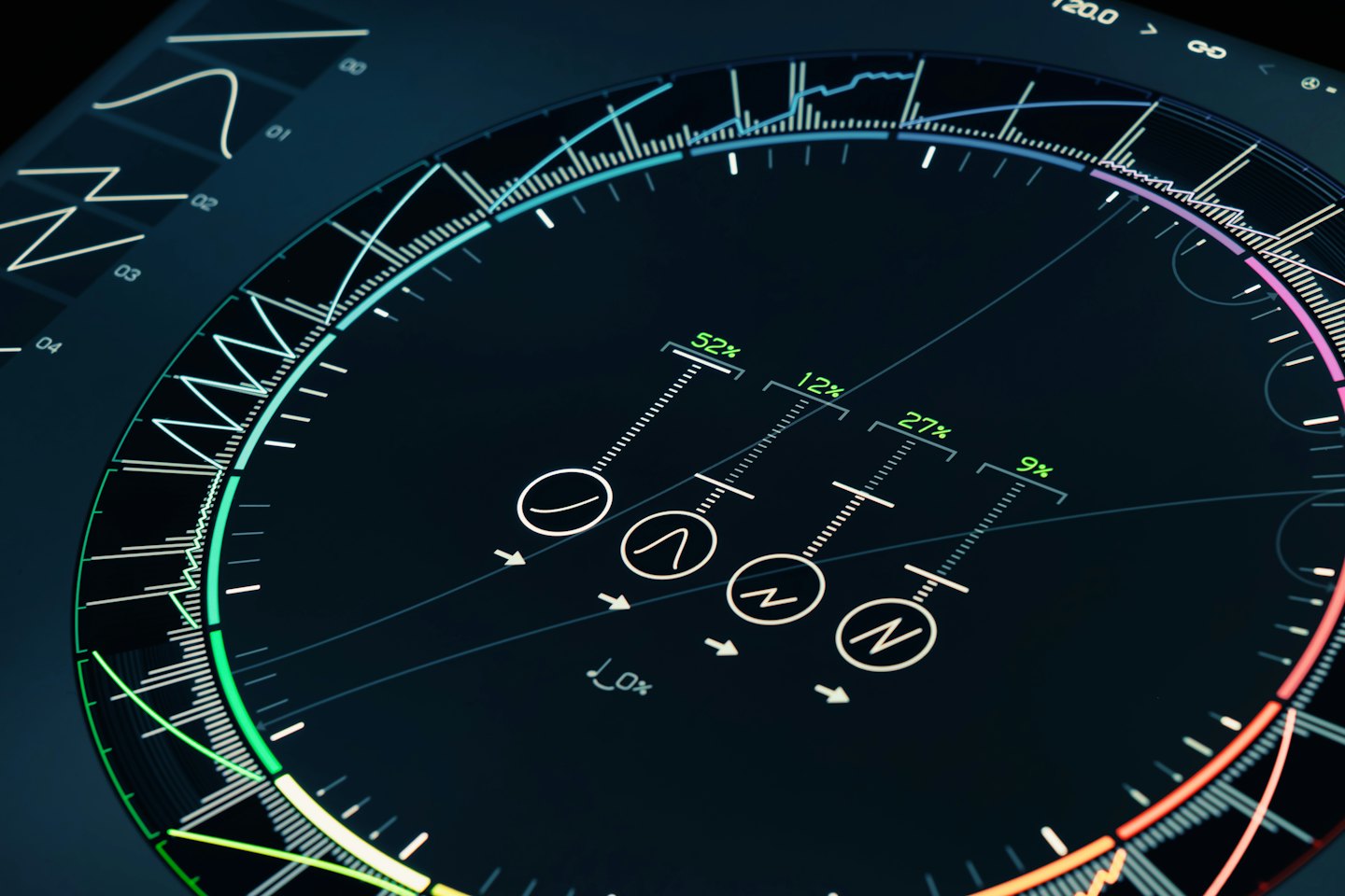 Interfaccia digitale futuristica che mostra visualizzazioni di dati e grafici.